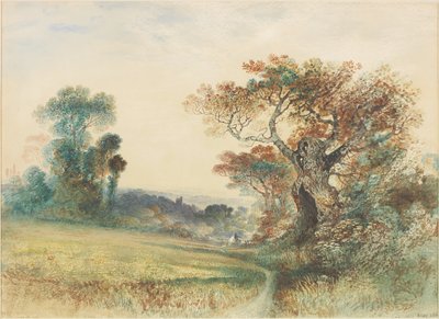 Landschap met figuren op een hek door John Martin