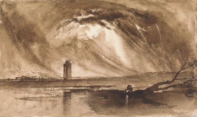 Landschap met toren en naderende storm door John Martin