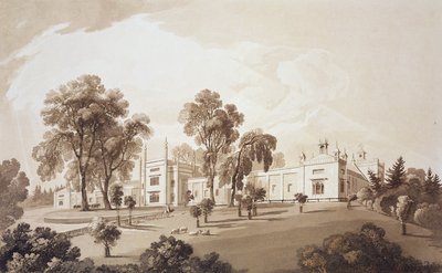 Uitzicht op de Boerderij met Scherm naar Stallen en Boerderijgebouwen naar Sezincote House, gegraveerd door Frederick Christian Lewis Snr. door John Martin