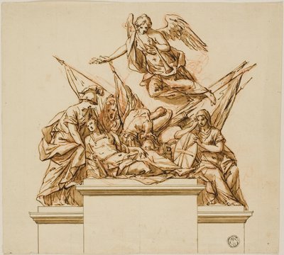 Krijger begeleid door Britannia, Minerva en Fame (recto); Ontwerp voor het Monument voor Nicholas Rowe (verso) door John Michael Rysbrack