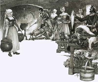 Koken boven open vuur in een Elizabethaanse keuken door John Millar Watt