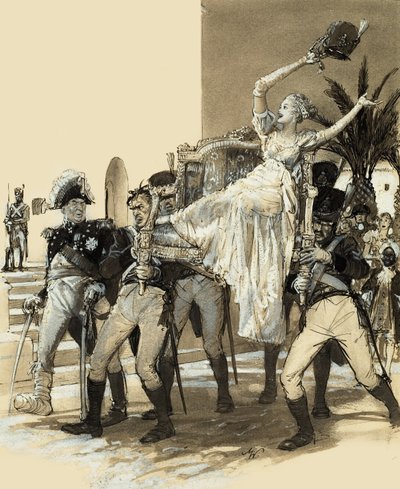Meisje gedragen door soldaten (gouache op papier) door John Millar Watt