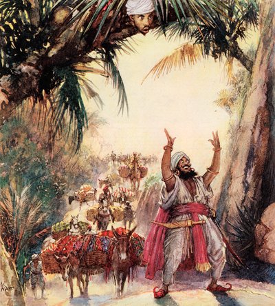 Hoe Ali Baba de veertig dieven ontmoette (kleurenlitho) door John Millar Watt
