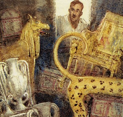 Howard Carter ontdekte de verloren grafkamer van Toetanchamon (kleurenlitho) door John Millar Watt