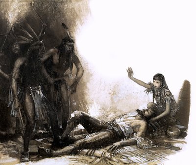 Pocahontas grijpt in om het leven van kapitein Smith te redden (gouache op papier) door John Millar Watt
