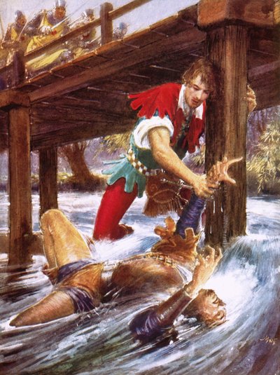 Robin Hood redt Little John uit een rivier door John Millar Watt