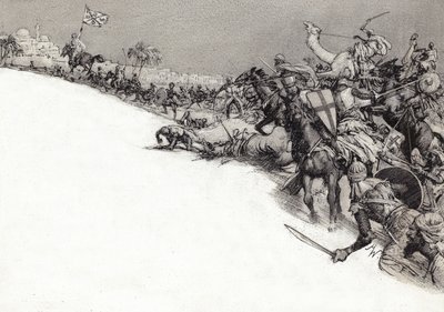 Saracenen vallen Jeruzalem aan (gouache op papier) door John Millar Watt
