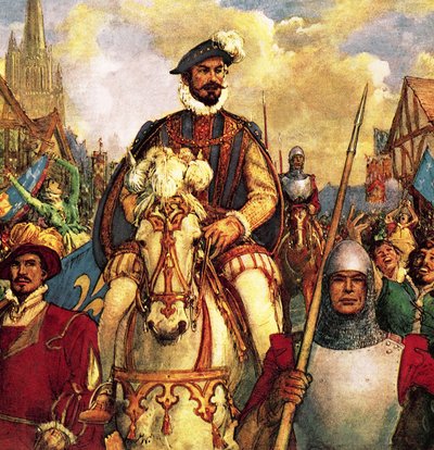 De hertog van Guise keert in 1588 in triomf terug naar Parijs nadat hij de Franse protestantse rebellen heeft verslagen. door John Millar Watt