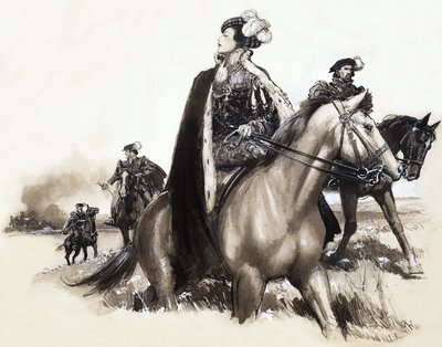 Ongeïdentificeerde koningin verlaat rokende stad onder escorte door John Millar Watt