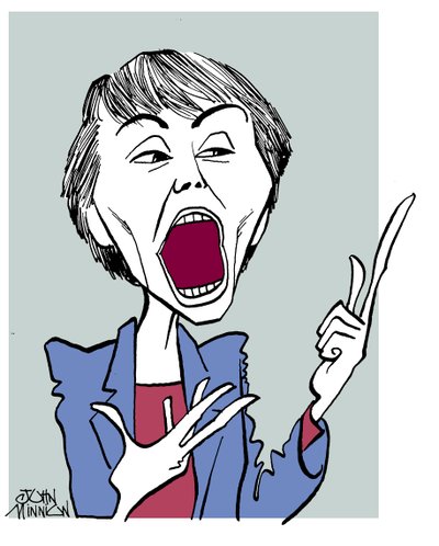 Camille Paglia - karikatuur met open mond door John Minnion