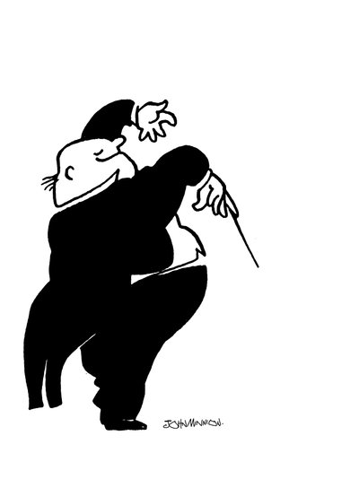Karikatuur van een vrolijke dikke conducteur door John Minnion