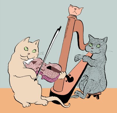 Karikatuur van twee katten die harp en altviool spelen door John Minnion