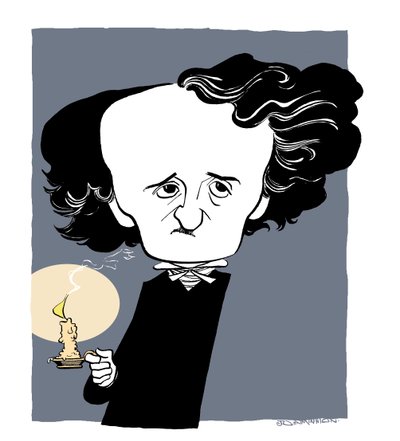 Edgar Allan Poe - karikatuur, met kandelaar door John Minnion