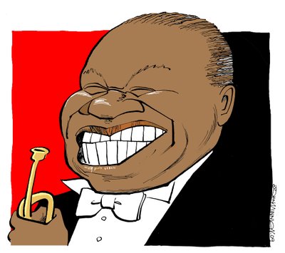 Louis Armstrong - karikatuur, trompet spelend door John Minnion