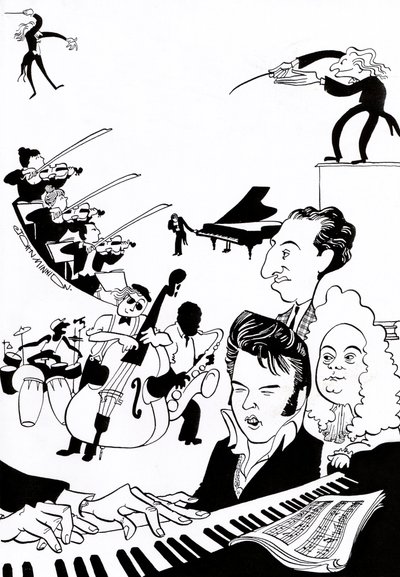 Muziekfantasie - cover voor muziekboek of -artikel - met dirigenten, muzikanten, instrumenten, viool, drums, contrabas, saxofoon, piano, partituur, Elvis, Bach, door John Minnion