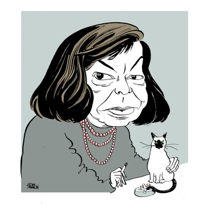 Patricia Highsmith - karikatuur met haar kat, rokend door John Minnion