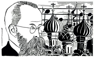 Rimsky Korsakov portret (Rusland achtergrond van kerkkoepels) Russische componist ( 1844-1908 ) door John Minnion