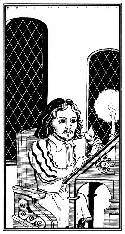 Thomas Tallis - karikatuur zittend aan schrijftafel - Engels componist - 30 januari 1505 - 23 november 1585 door John Minnion