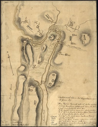 (Verdeling van Britse troepen, met fortificaties ten noorden van Fort Knipehausen, d.w.z. Fort Washington tot Fort Independence. LOC gm71002317 door John Montresor
