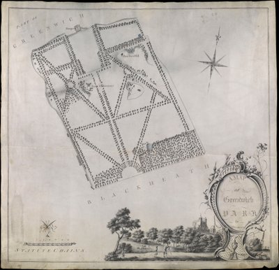 Plan van Greenwich Park, met het Koninklijk Observatorium, One Tree Hill en het Ranger