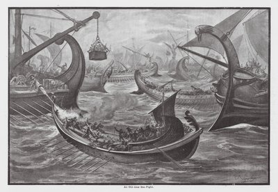 Een oud zeegevecht (litho) door John Moyr Smith