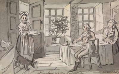 Figuren zittend aan een tafel die eten geserveerd krijgen, Crockem Wells, Devonshire door John Nixon