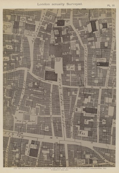 Kaart van een deel van de City of London, met de locatie van Guildhall door John Ogilby