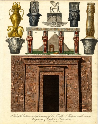 Gezicht op de ingang van het heiligdom van de tempel van Tentyra: met verschillende fragmenten van Egyptische architectuur door John Pass