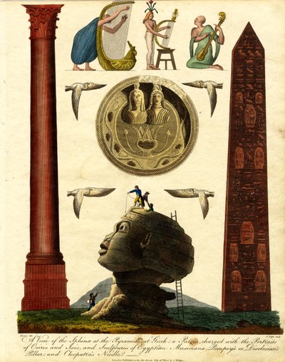 Uitzicht op de Sfinx bij de Piramiden in Gizeh: een Patera beladen met de Portretten van Osiris en Isis;en Sculpturen van Egyptische Muzikanten;Pompey