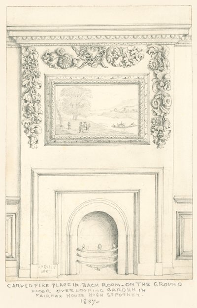 Gesneden open haard in de achterkamer op de begane grond met uitzicht op de tuin, Fairfax House, High Street, Putney, 1887 door John Phillipp Emslie