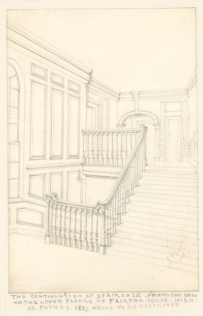 De voortzetting van de trap, van de hal naar de bovenverdiepingen, van Fairfax House, High Street, Putney, 1887 door John Phillipp Emslie