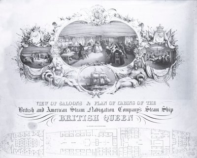 Uitzicht op salons en plattegrond van hutten van het stoomschip de British Queen, c.1839 (litho) door John R. Isaac