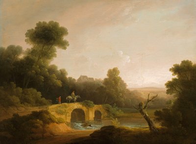 Landschap met figuren die een brug oversteken door John Rathbone