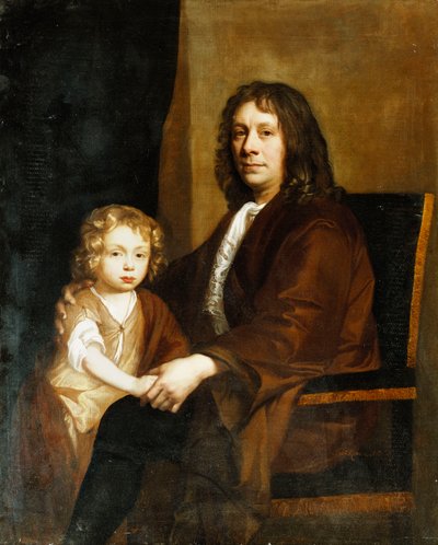 Portret van Thomas Rowe en zijn zoon, zittend driekwart lengte, de eerste in een bruine jurk, de laatste in een bruine jurk en omslagdoek door John Riley
