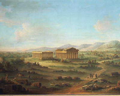 Twee grote tempels van Paestum, Basiliek links en Tempel van Neptunus of Poseidon rechts, door John Robert Cozens door John Robert Cozens