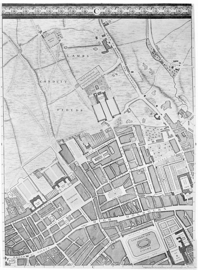 Een kaart van Bloomsbury en Holborn, Londen, 1746 door John Rocque
