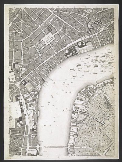 Plan van Londen, The Strand, Westminster bridge, Een plan van de steden Londen en Westminster, en het stadsdeel Southwark; Met de aangrenzende gebouwen; Van een daadwerkelijke survey, genomen door JOHN ROCQUE, Land-Surveyor, en gegraveerd door John Pine door John Rocque