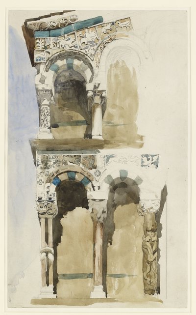 Deel van de gevel van de verwoeste kerk van San Michele in Foro, Lucca, geschetst in kleur, 30 juni - 1 juli 1846 door John Ruskin