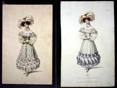 Schets en prent van een modeplaat, ca. 1829 door John Samuel Agar