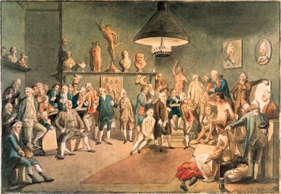 De academici van de Koninklijke Academie in Londen, kopie naar een schilderij van Johann Zoffany (1733-1810) door John Sanders
