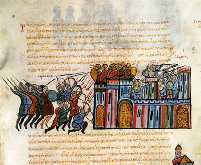 Aanval op een bolwerk, miniatuur uit "Synopsis historiarum", c.1126-1150 door John Scylitzes