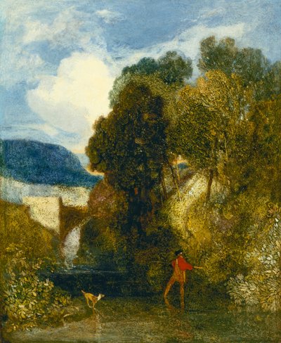 Een rivierlandschap met een visser en zijn hond door John Sell Cotman
