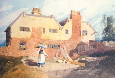 Huisjes met een Wasvrouw (Elm Hill, Norwich) ca. 1808-9 door John Sell Cotman