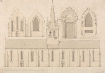 Elevatie van de kerk van Columbiers, bij Valognes, Normandië door John Sell Cotman