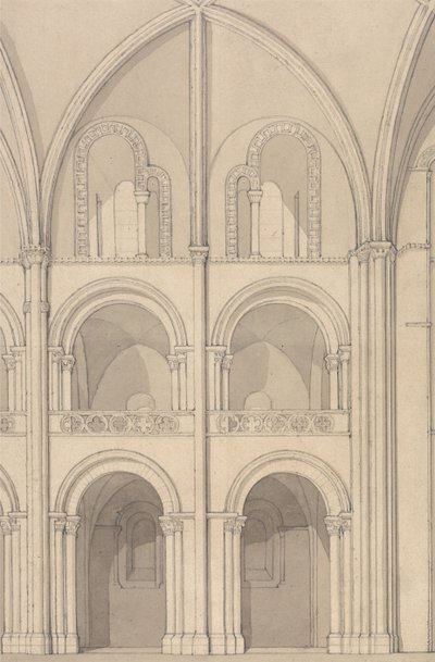 Perspectief op een deel van de abdijkerk Saint Stephen in Caen, Normandië door John Sell Cotman