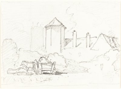 Schets van Gebouwen met Kar en Paarden op de Voorgrond door John Sell Cotman
