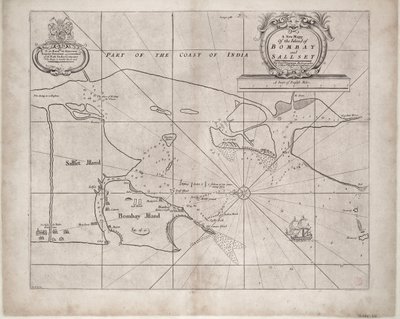 Kaart van Bombay en Sallset door Samuel Thornton, hydrographer van de Oost-Indische Compagnie, voor het eerst gepubliceerd circa 1685 door John Seller