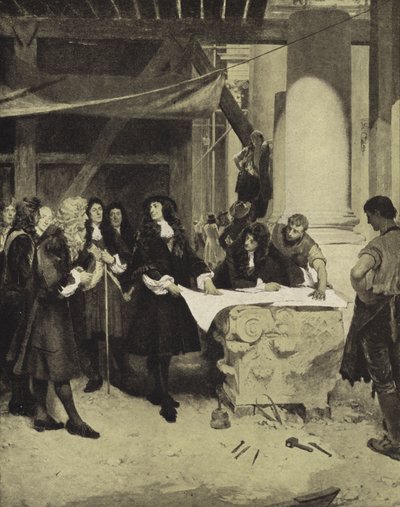 Koning Karel II bezoekt Sir Christopher Wren tijdens de bouw van de St Paul