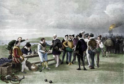 De Armada in zicht, Plymouth hoe, 1880, 1911 door John Seymour Lucas