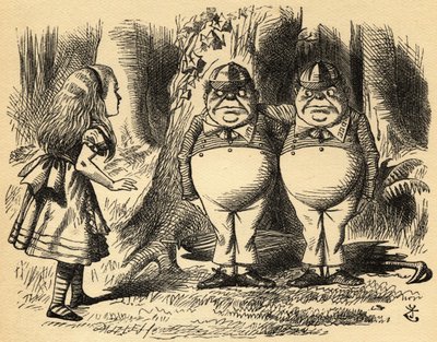 Alice met Tweedledum en Tweedledee. Illustratie door Sir John Tenniel door John Tenniel